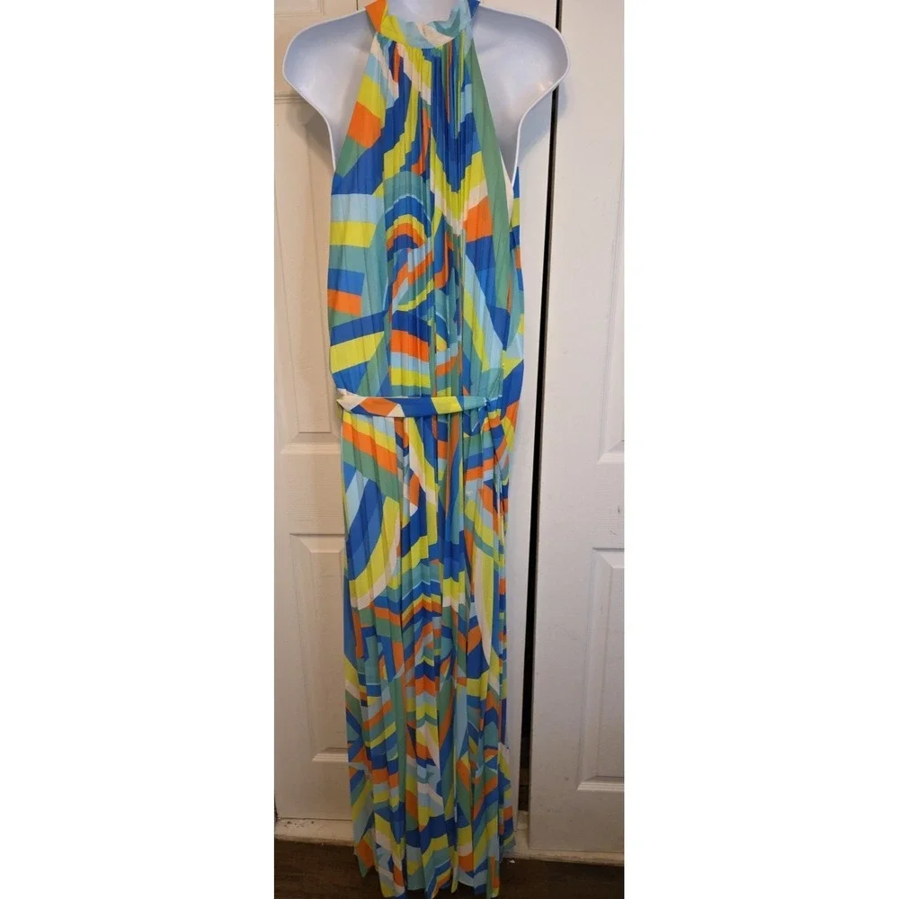 New York & Company‎ Flying Tomato L Rainbow Stripe Halter Maxi Dress Boho NEW